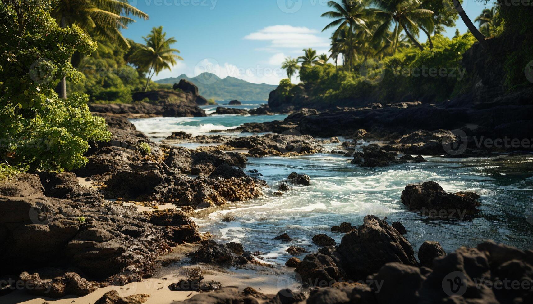 AI generated Tropical palm trees sway by the tranquil waters generated by AI photo