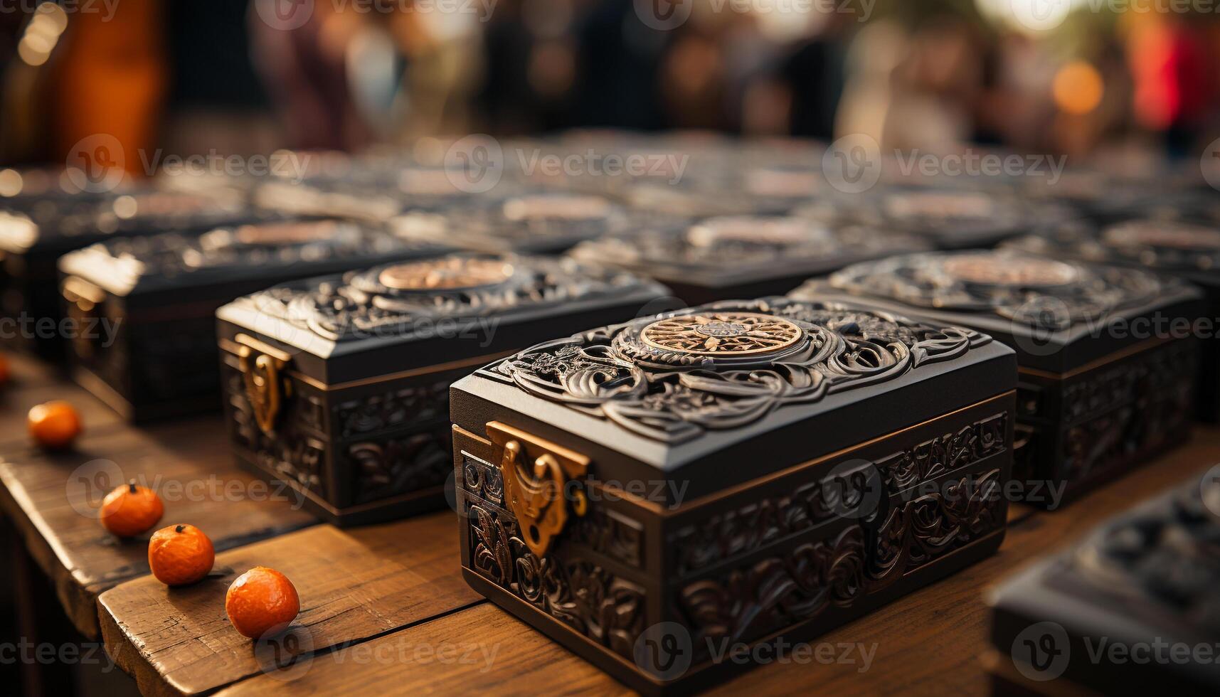 AI generated Ancient wood table holds old religious souvenirs generated by AI photo