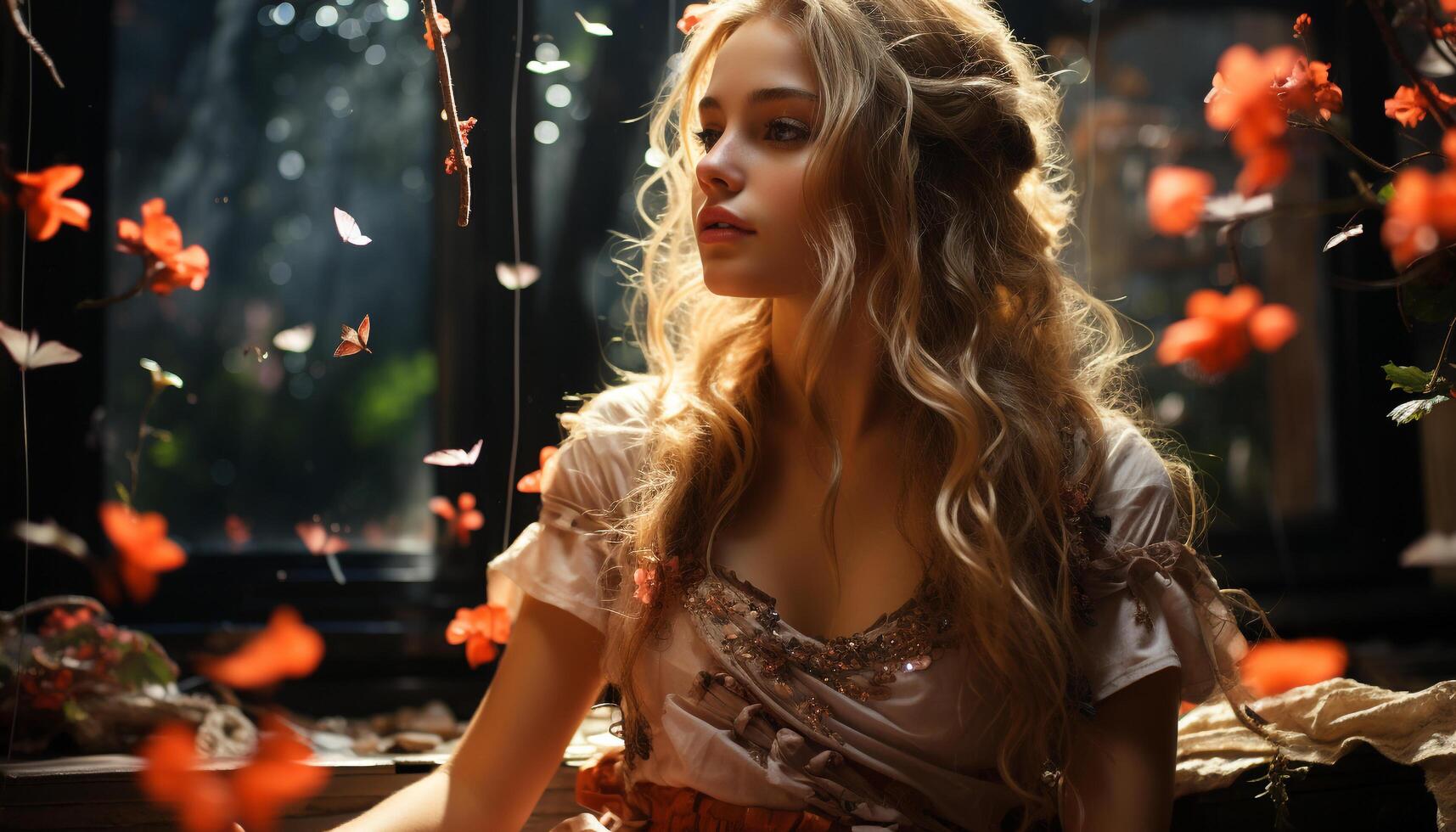 AI generated Smiling young woman enjoying nature beauty indoors generated by AI photo