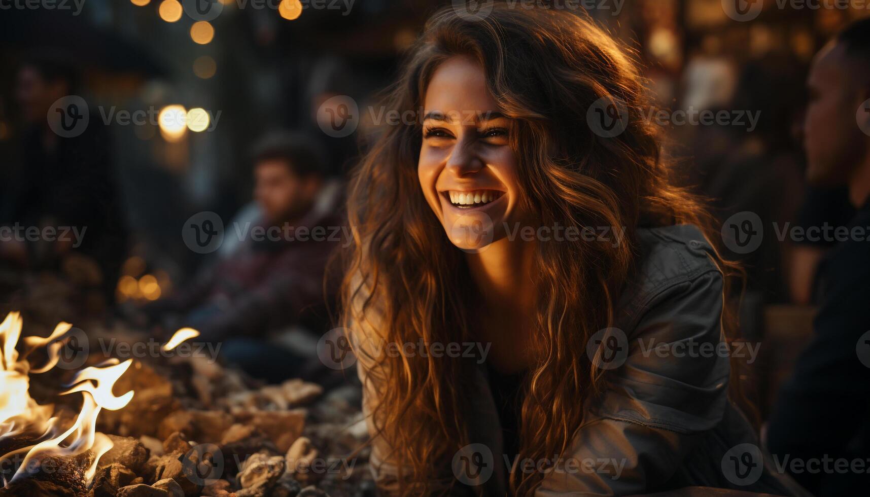 ai generado joven adultos disfrutando un alegre noche por el fuego generado por ai foto