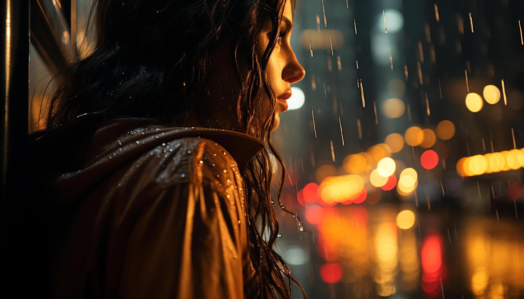 AI generated Young woman enjoying the rain in the city generated by AI photo