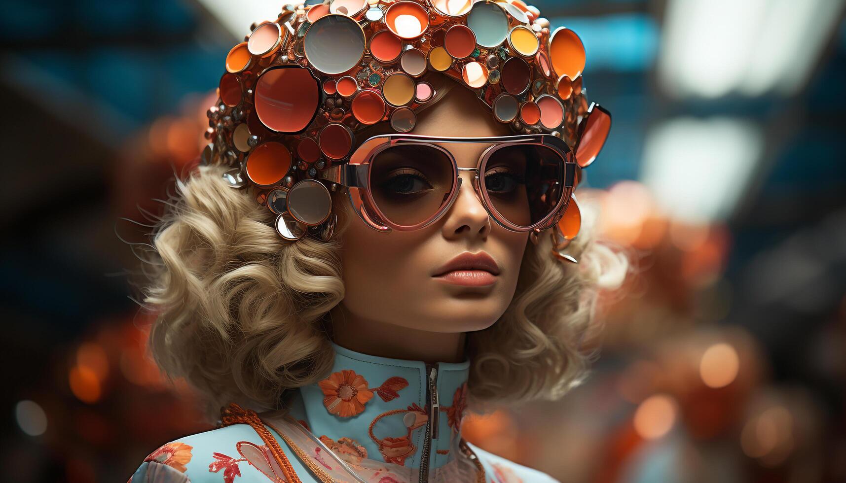 AI generated Young adult woman with blond hair and sunglasses generated by AI photo