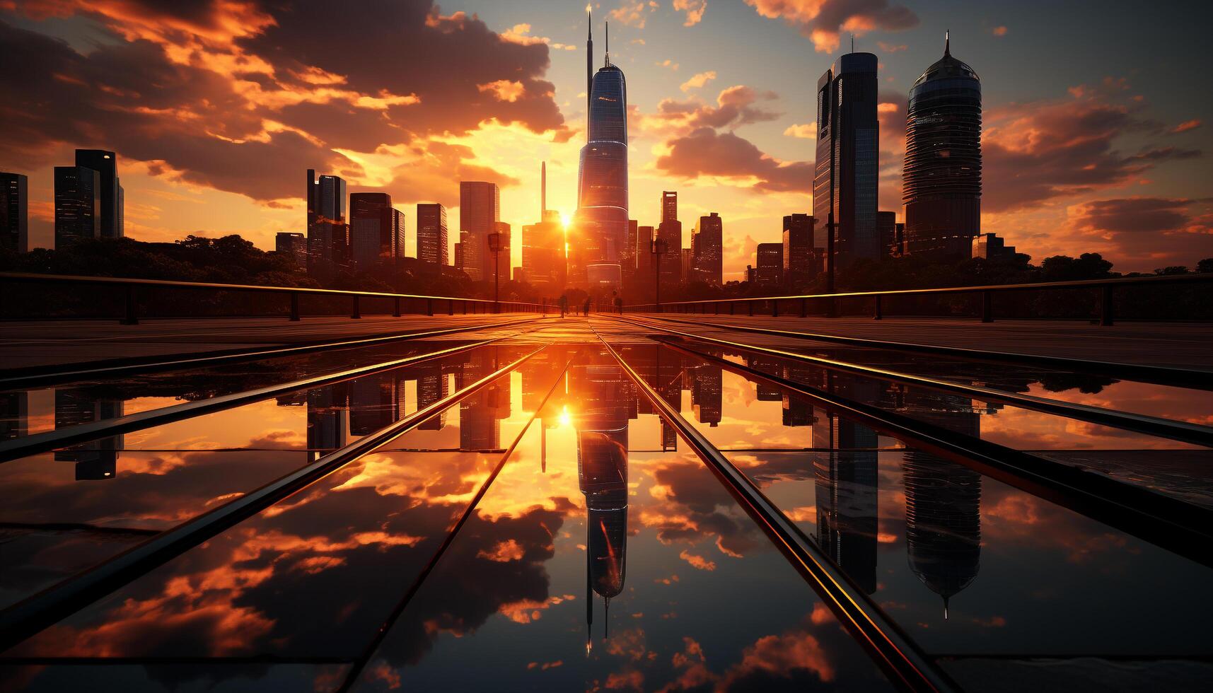 ai generado rascacielos iluminar ciudad horizonte a crepúsculo, reflejando en agua generado por ai foto