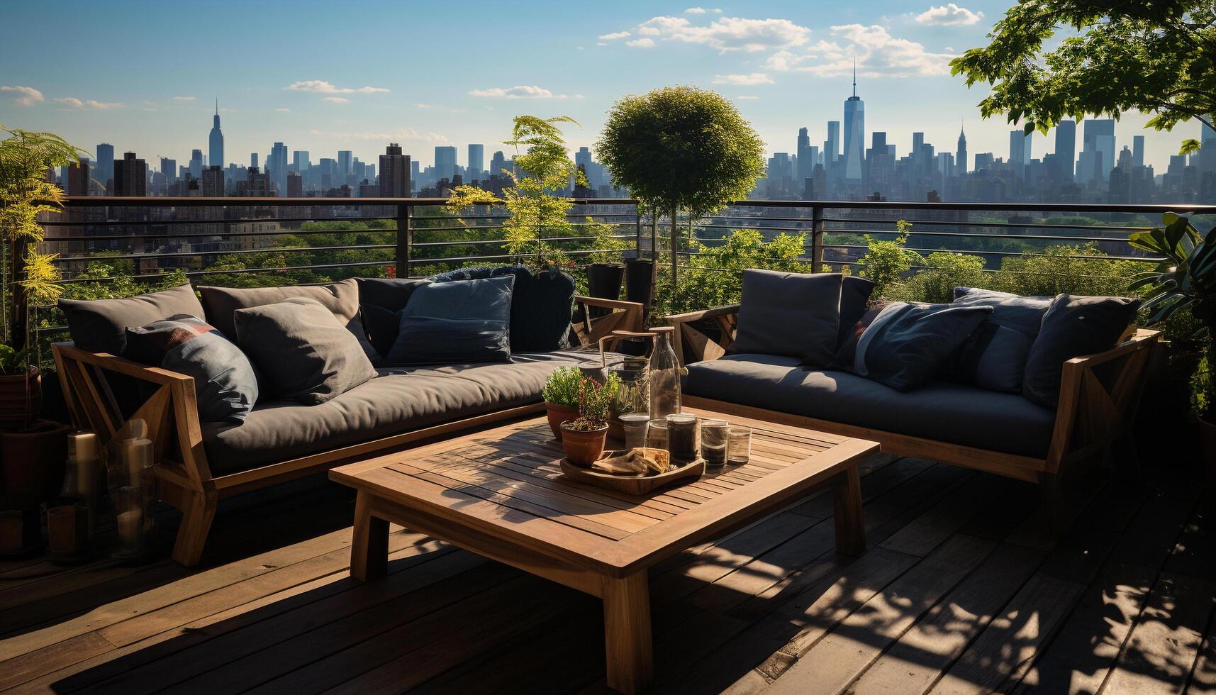 AI generated Modern cityscape with skyscrapers, chair on balcony, relaxation generated by AI photo