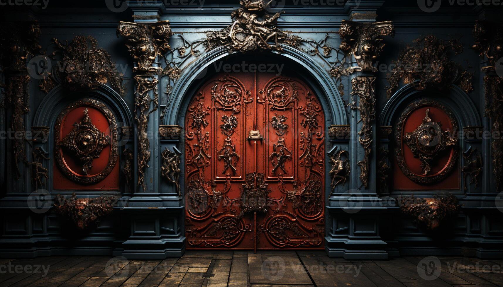 AI generated Ancient wood door with ornate Christian sculpture generated by AI photo