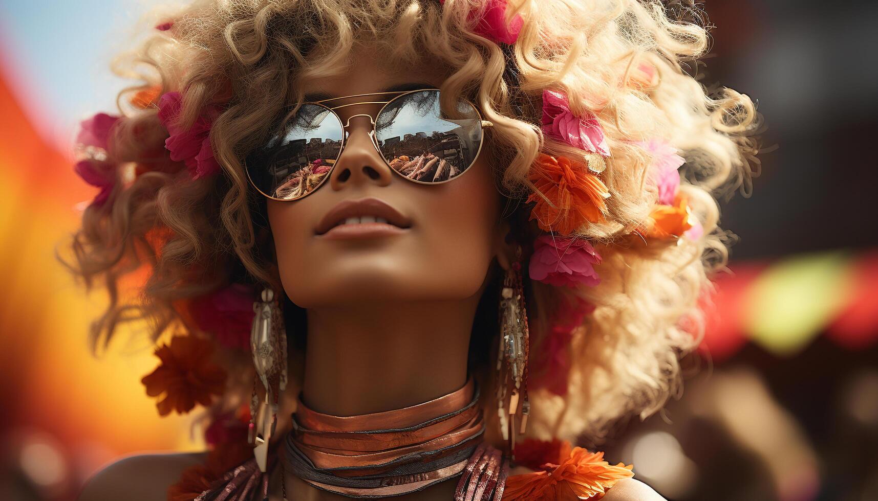 AI generated Young woman in sunglasses, smiling outdoors, enjoying summer generated by AI photo