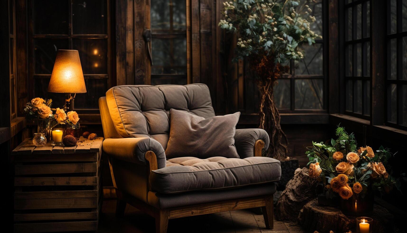 AI generated Comfortable sofa and modern table in a domestic room generated by AI photo