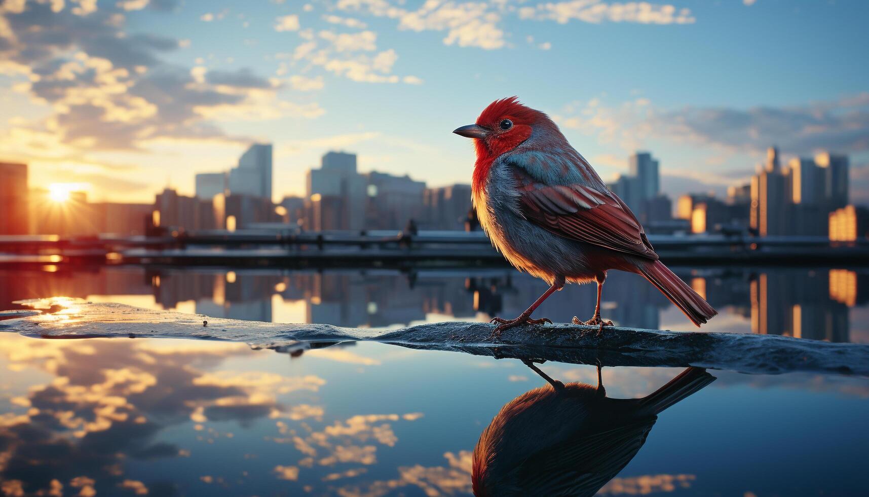 AI generated Seagull perching on a tree, reflecting in pond generated by AI photo