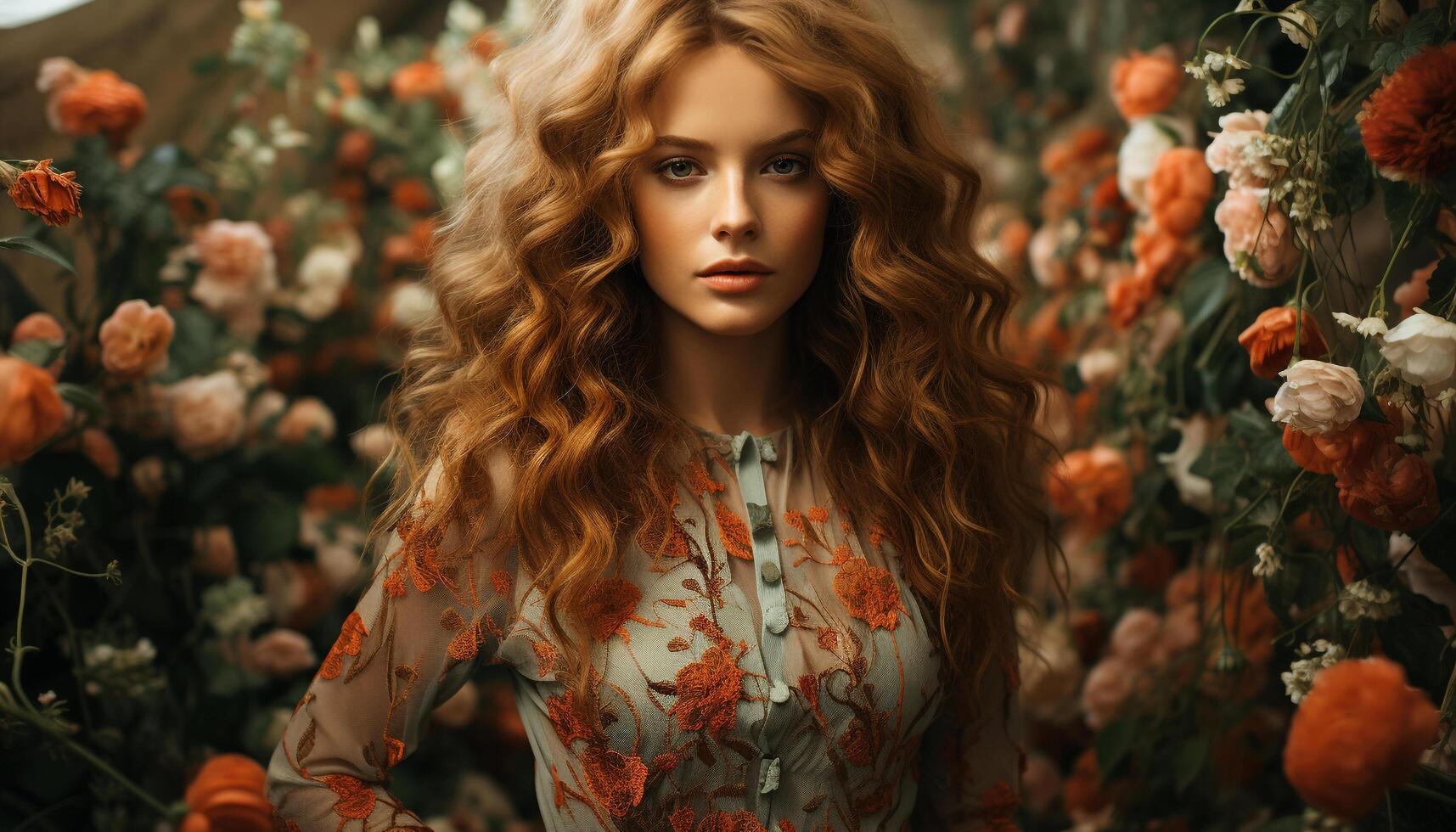 AI generated Young woman with long blond hair in nature generated by AI photo