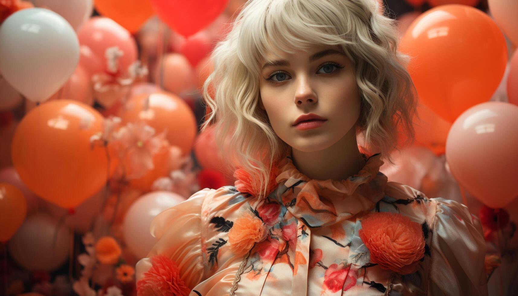 AI generated Young woman with blond hair holding a balloon generated by AI photo