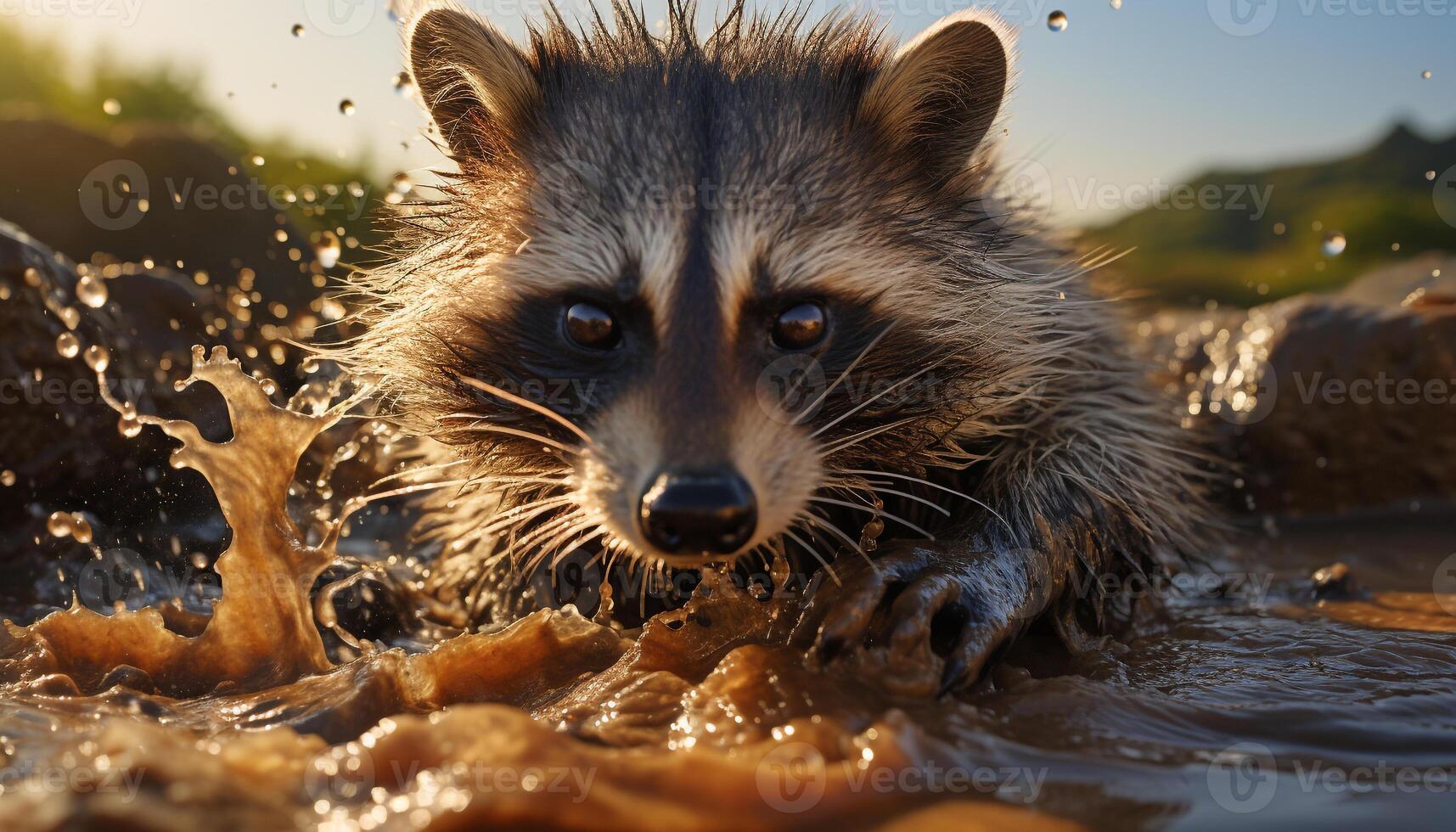 ai generado linda mapache salpicaduras en agua, mirando a cámara generado por ai foto