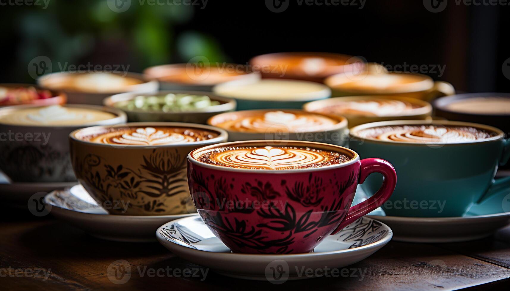 AI generated Wooden table with coffee cup and saucer generated by AI photo