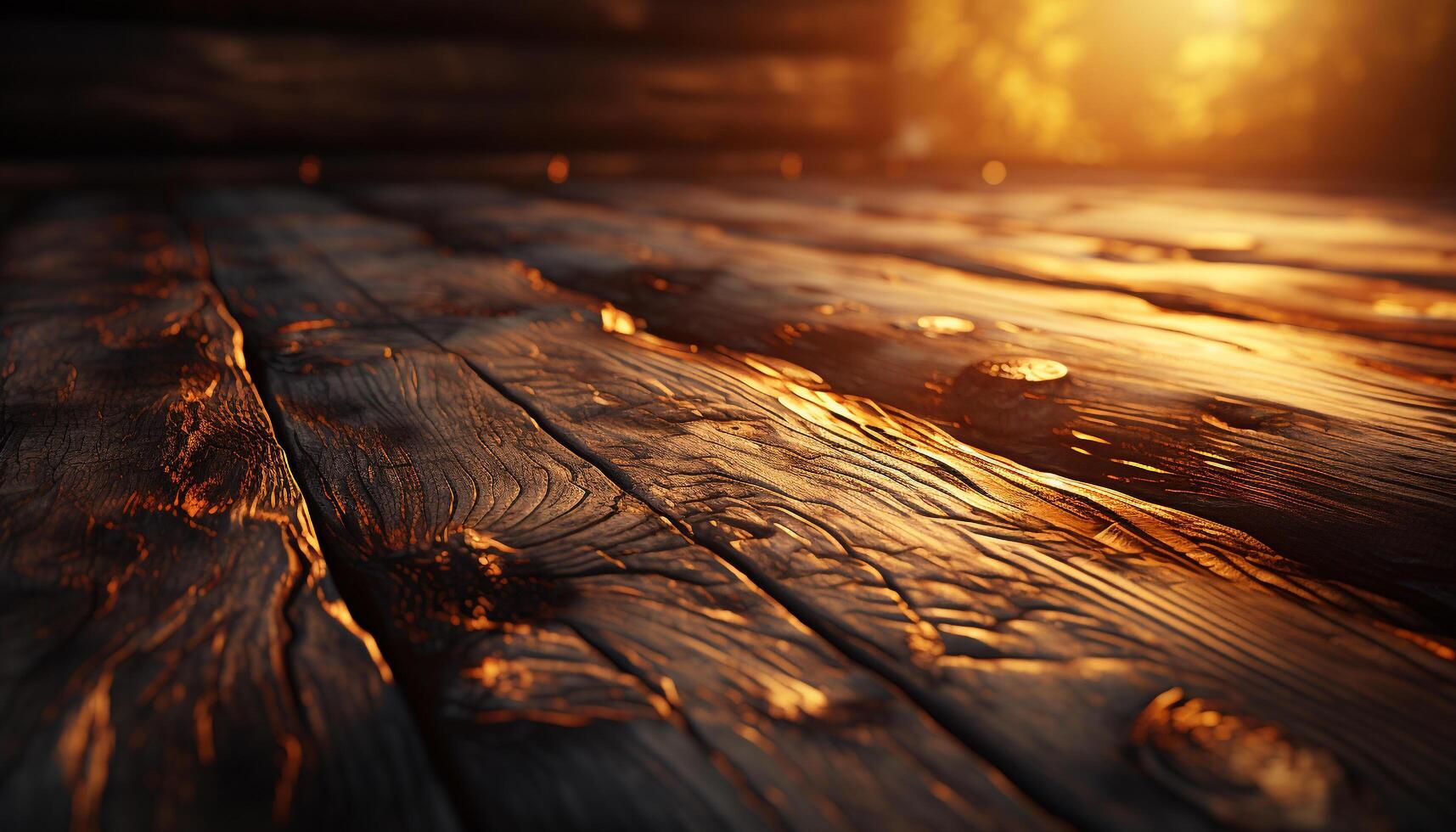 AI generated Old plank flooring illuminated by sunset sunlight generated by AI photo