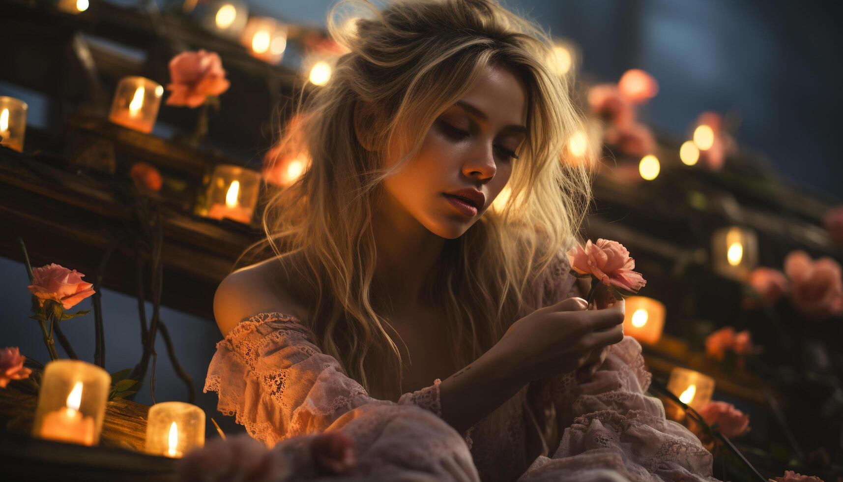 AI generated Young adult woman smiling, enjoying the winter night generated by AI photo