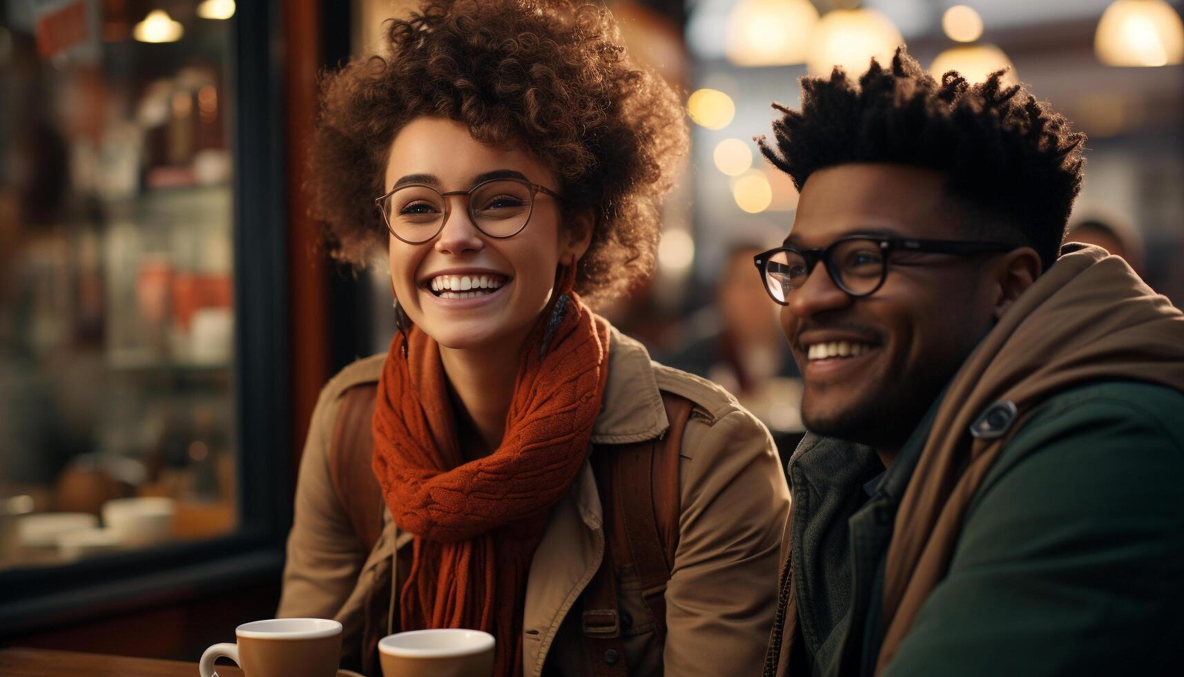 AI generated Smiling adults enjoying coffee in a cozy coffee shop generated by AI photo