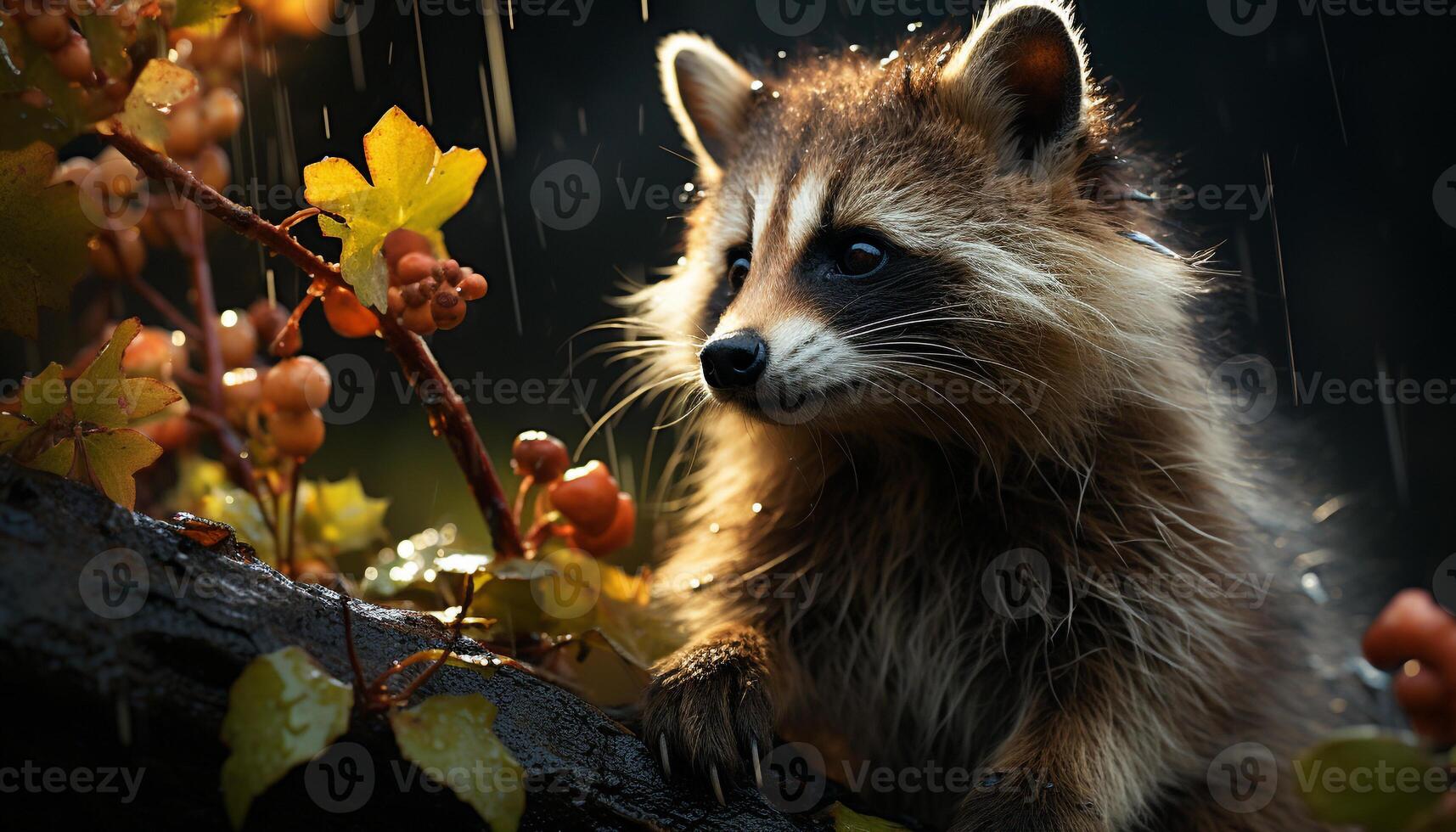AI generated Cute raccoon sitting on branch in autumn forest generated by AI photo