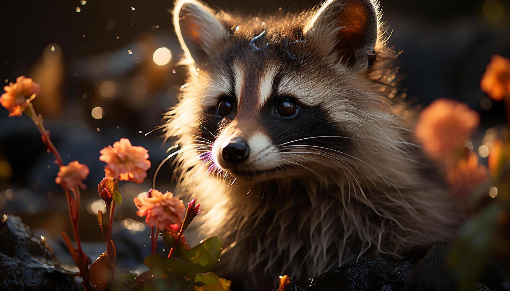 AI generated Cute small raccoon sitting in snowy forest generated by AI photo