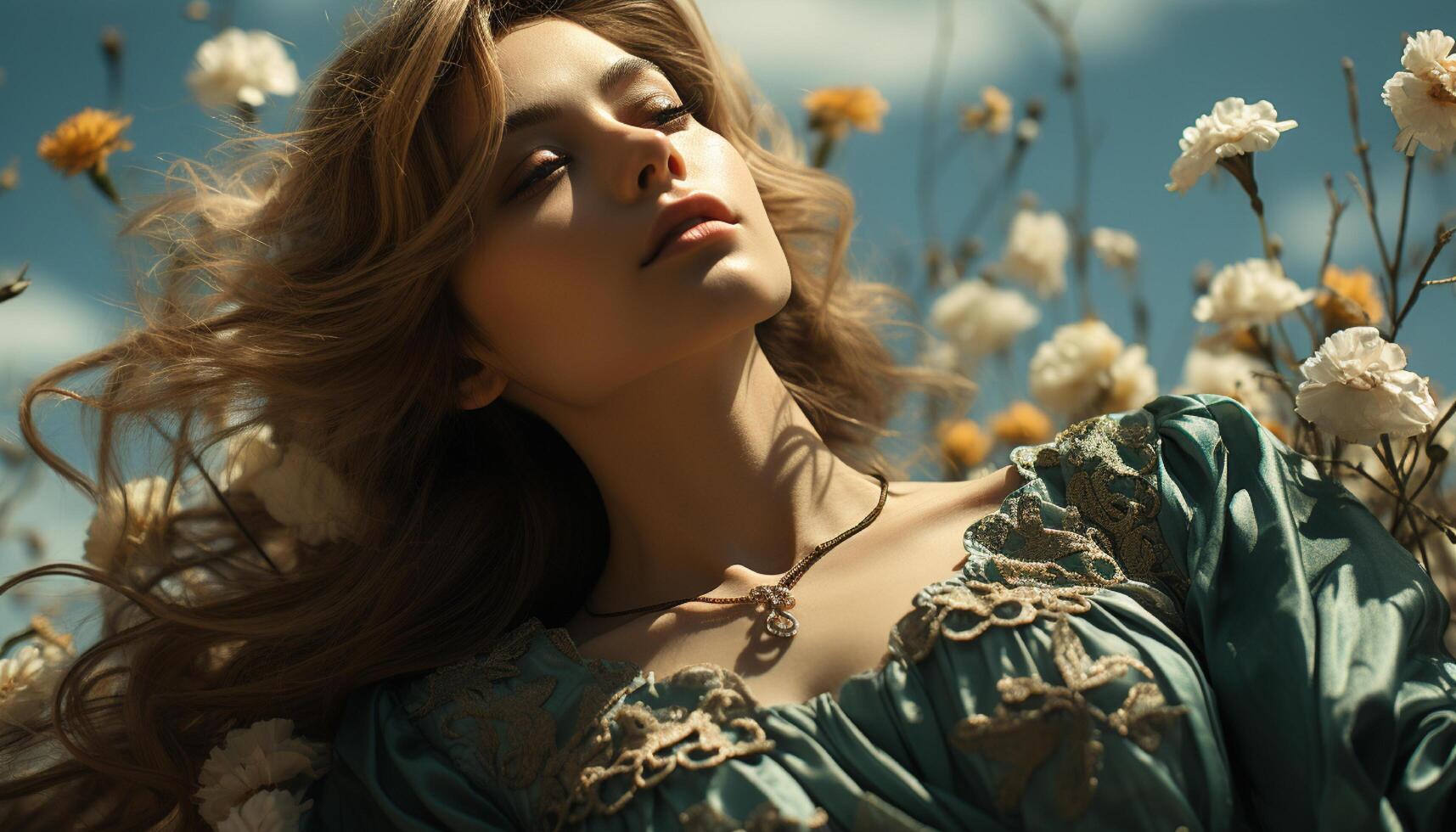 ai generado joven mujer disfrutando naturaleza, sonriente, rodeado por flores generado por ai foto