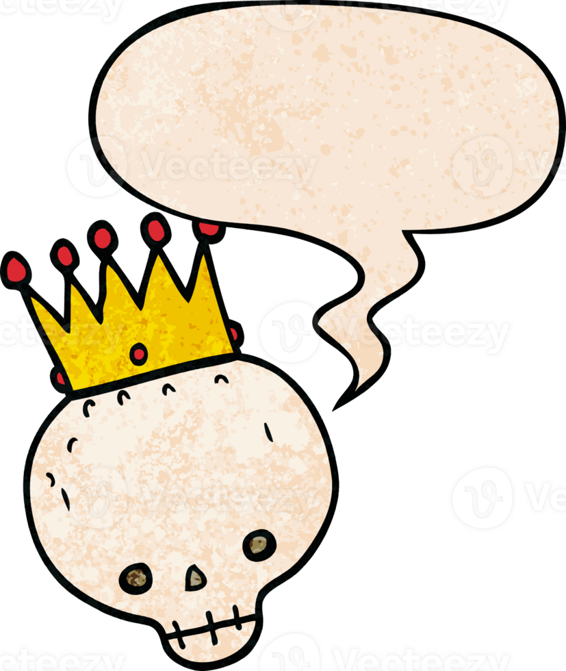 cartoon skull and crown and speech bubble in retro texture style png