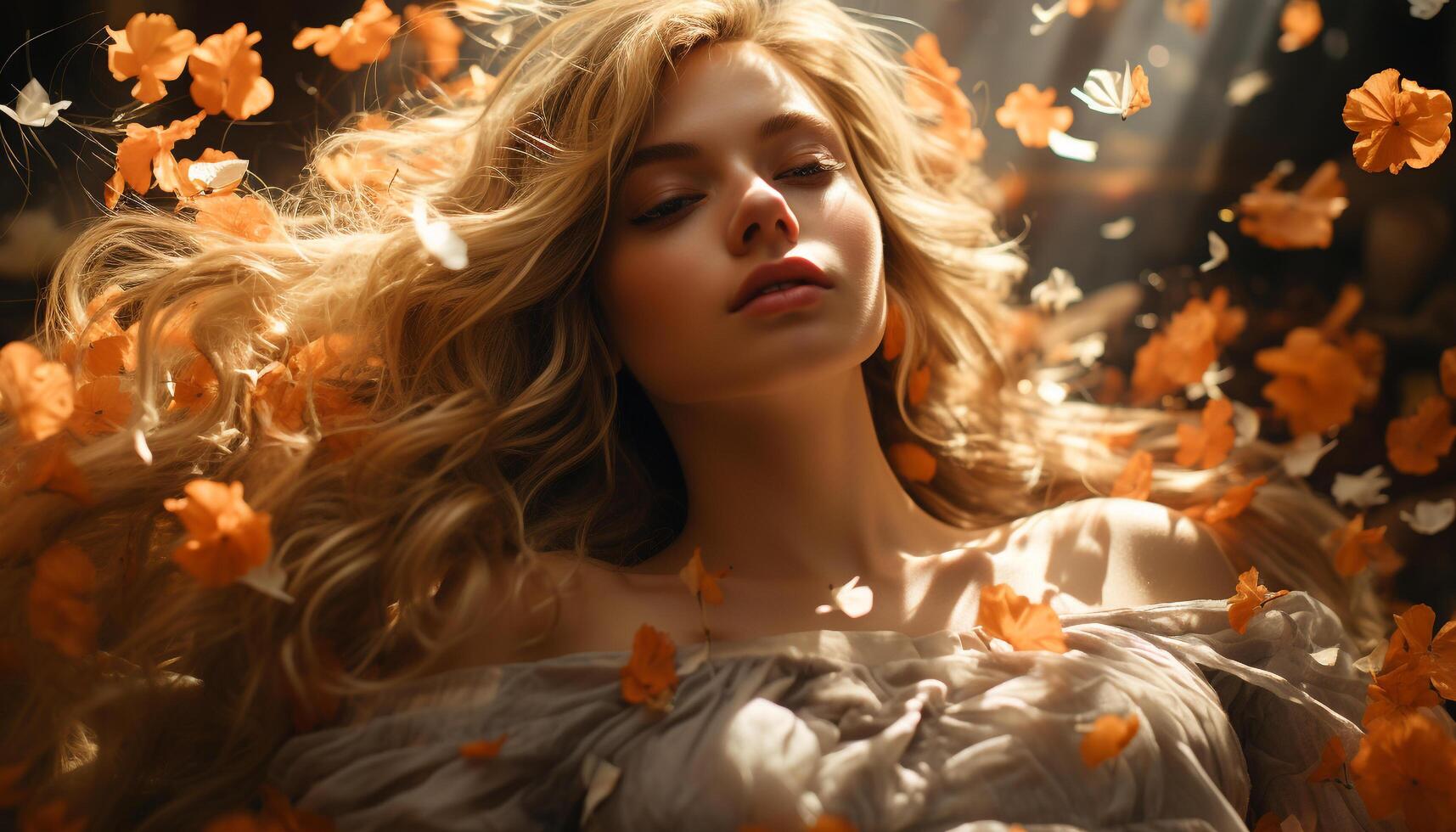 AI generated Young woman with long blond hair enjoying autumn outdoors generated by AI photo