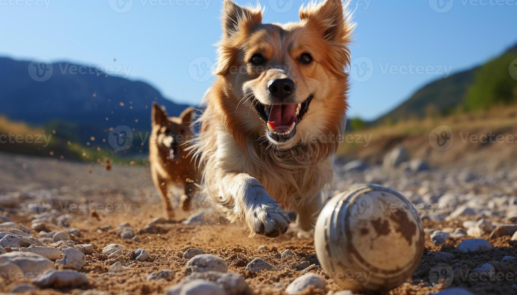 ai generado linda perrito jugando al aire libre, disfrutando el verano generado por ai foto