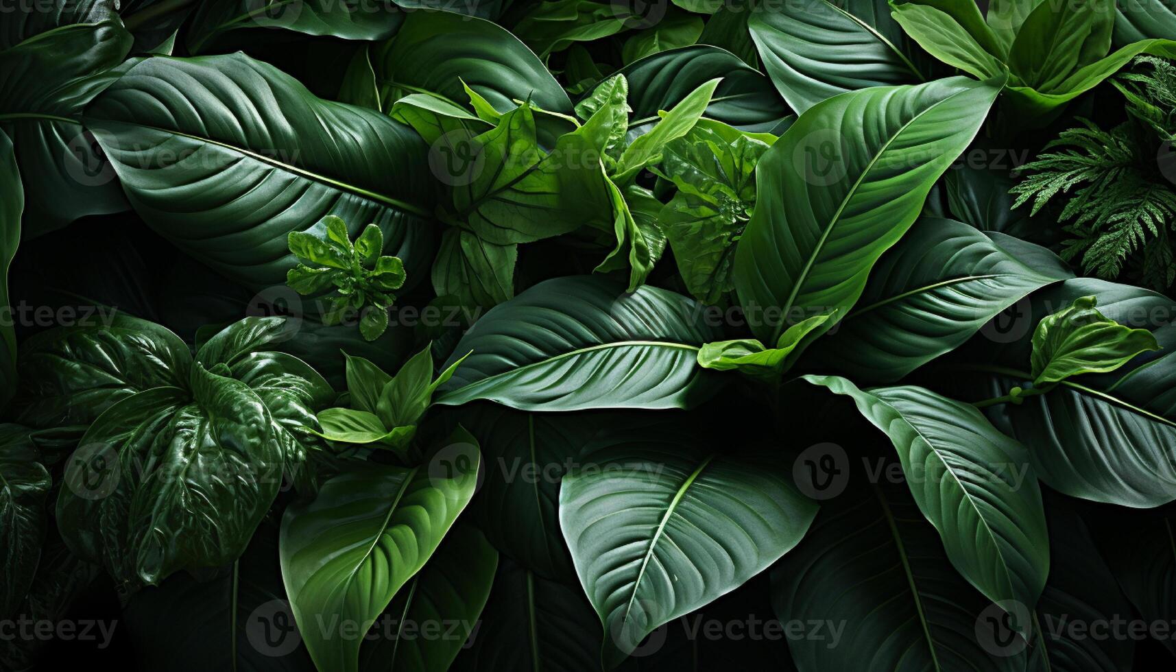 AI generated Fresh green leaves create a vibrant tropical backdrop generated by AI photo