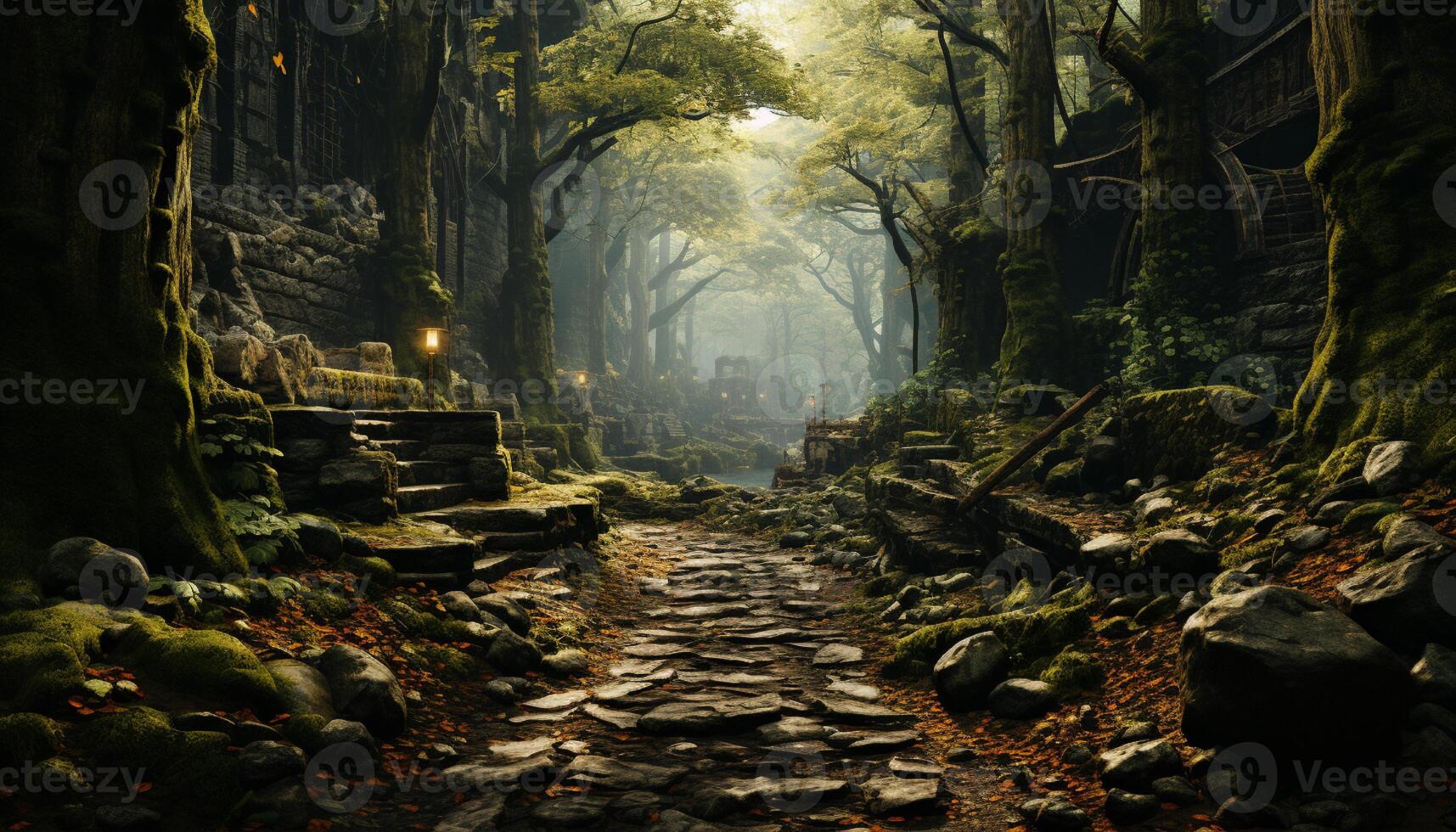 AI generated Mysterious fog blankets ancient forest, revealing hidden beauty generated by AI photo