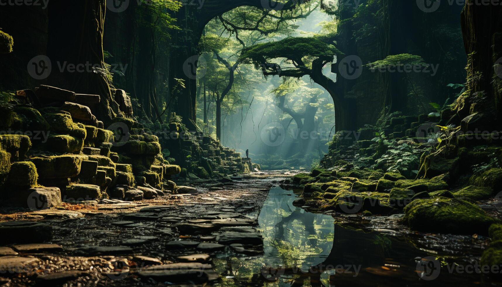 AI generated Mysterious forest, ancient stone, tranquil water, green leaf generated by AI photo