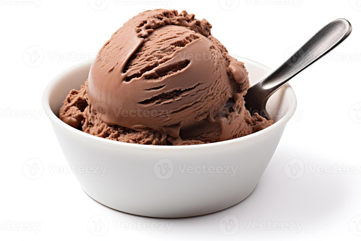 AI generated Chocolate ice cream close up isolated on white background photo