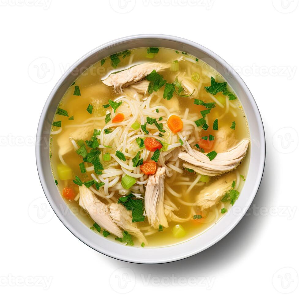 AI generated Chicken soup with vegetables closeup photo
