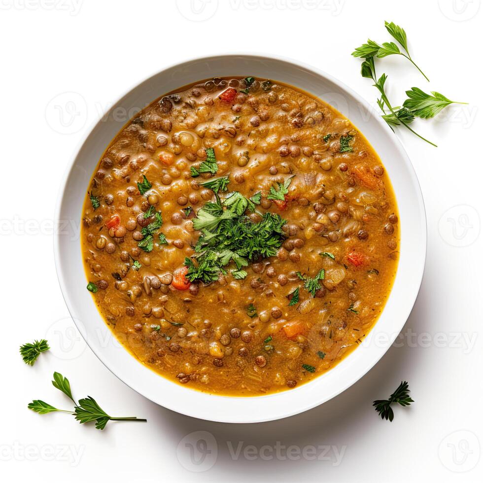 AI generated lentil soup closeup photo