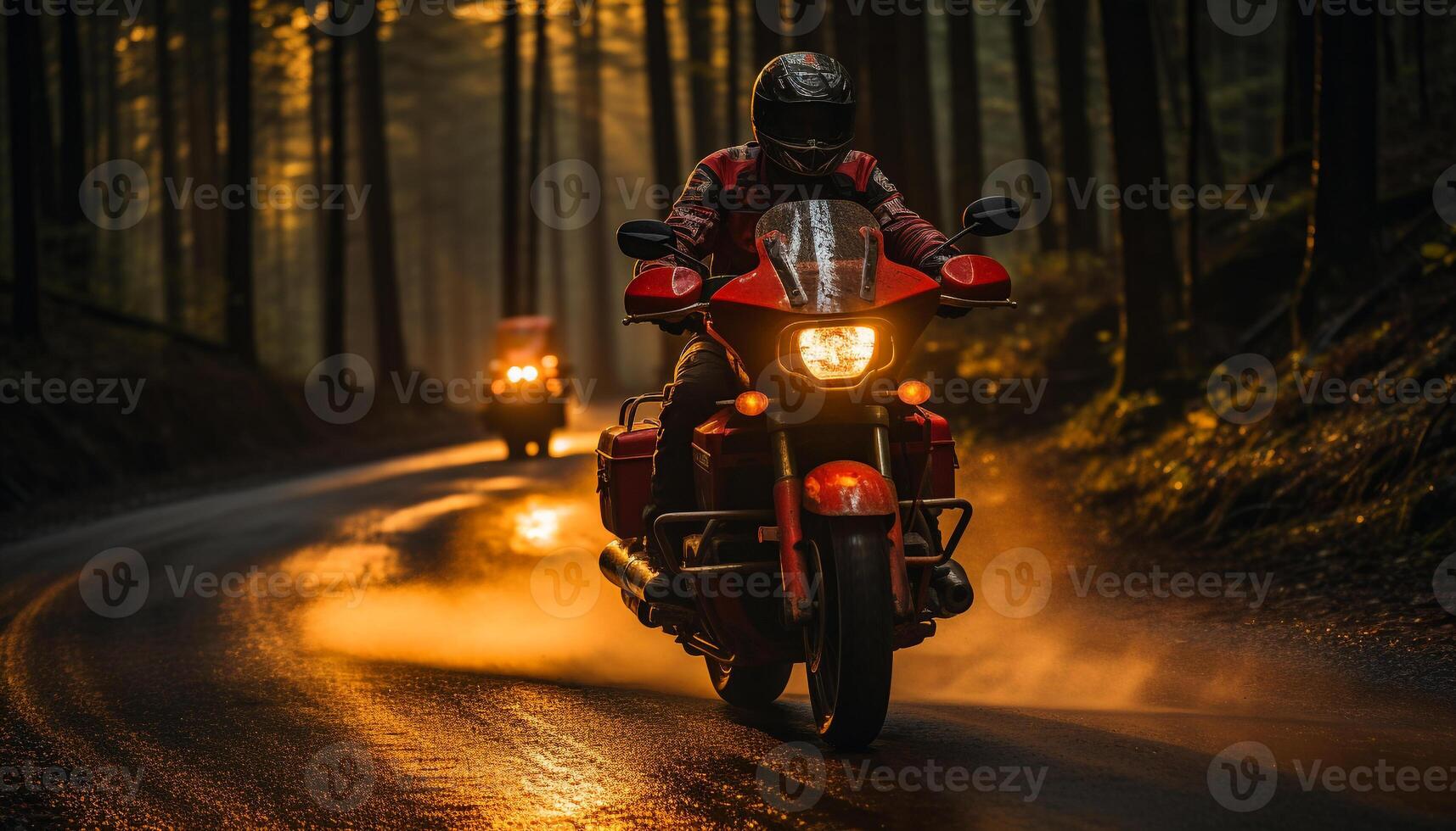 AI generated Men riding motorcycles in the outdoors, speeding through blurred motion generated by AI photo