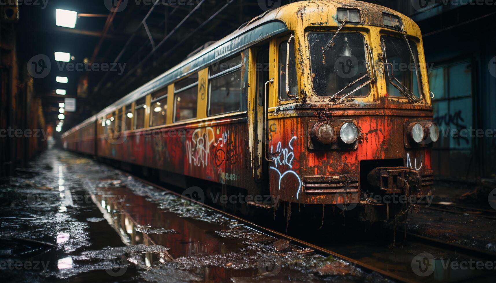 ai generado antiguo pasado de moda coche en un abandonado ferrocarril pista, ciudad vida en movimiento generado por ai foto