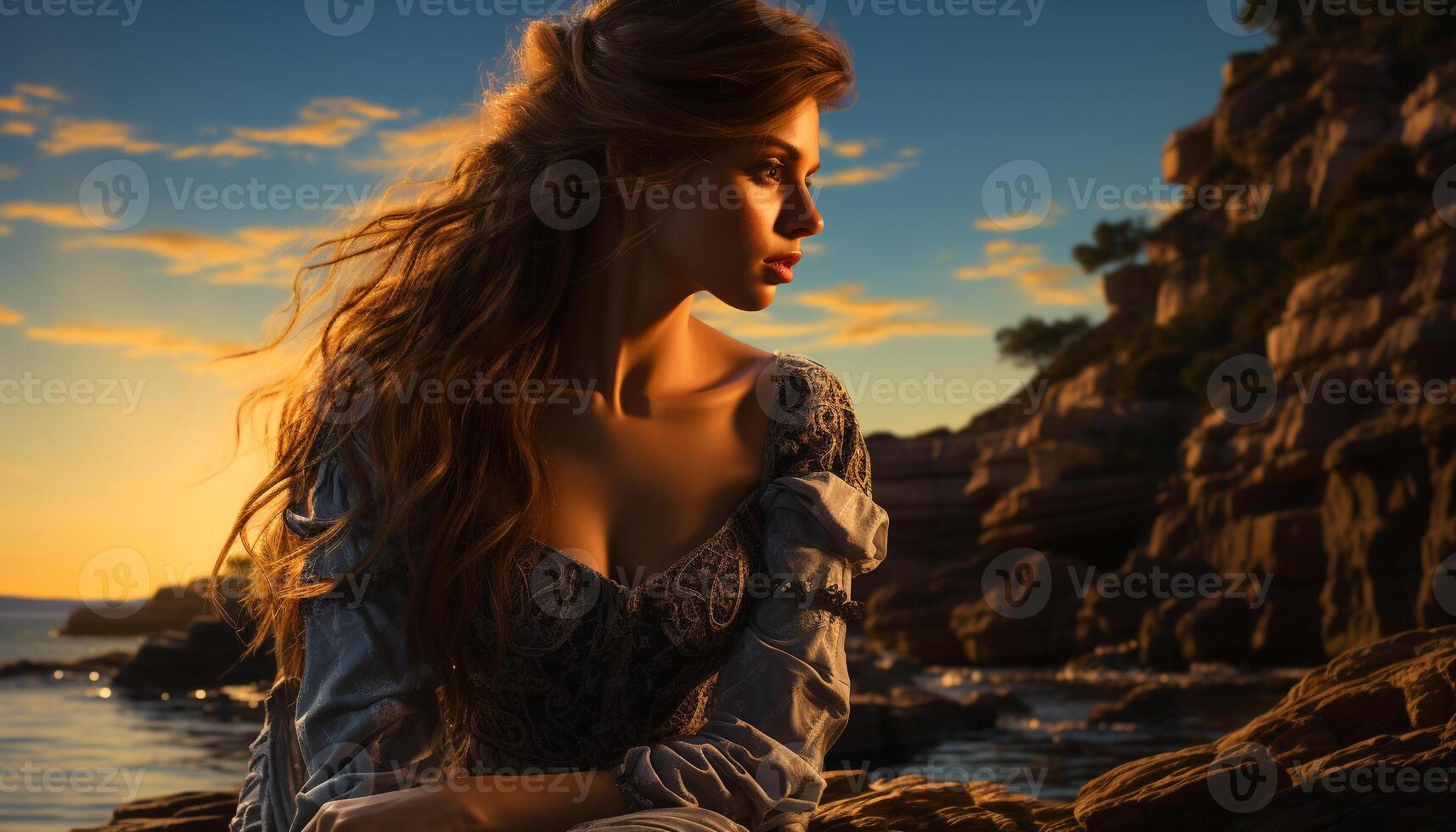 AI generated Young woman enjoying the sunset outdoors, her long hair flowing generated by AI photo