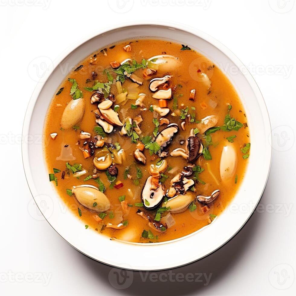 AI generated Turtle soup closeup isolated on white background photo