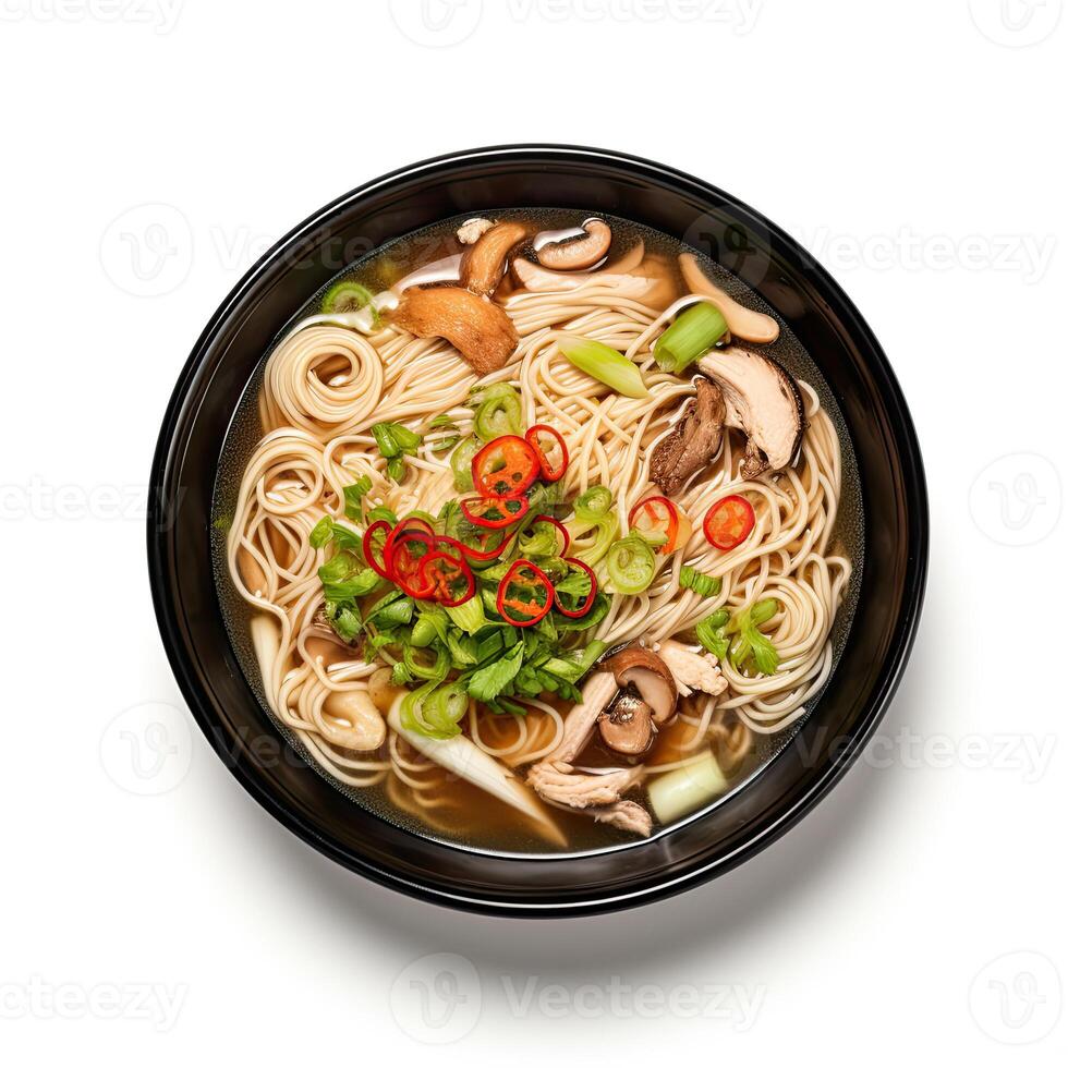 AI generated noodle soup closeup isolated on plain background photo