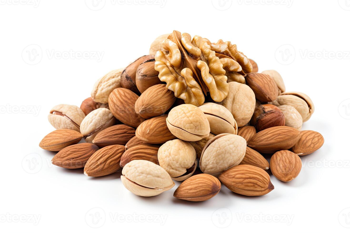 AI generated Nuts close up isolated on white background photo