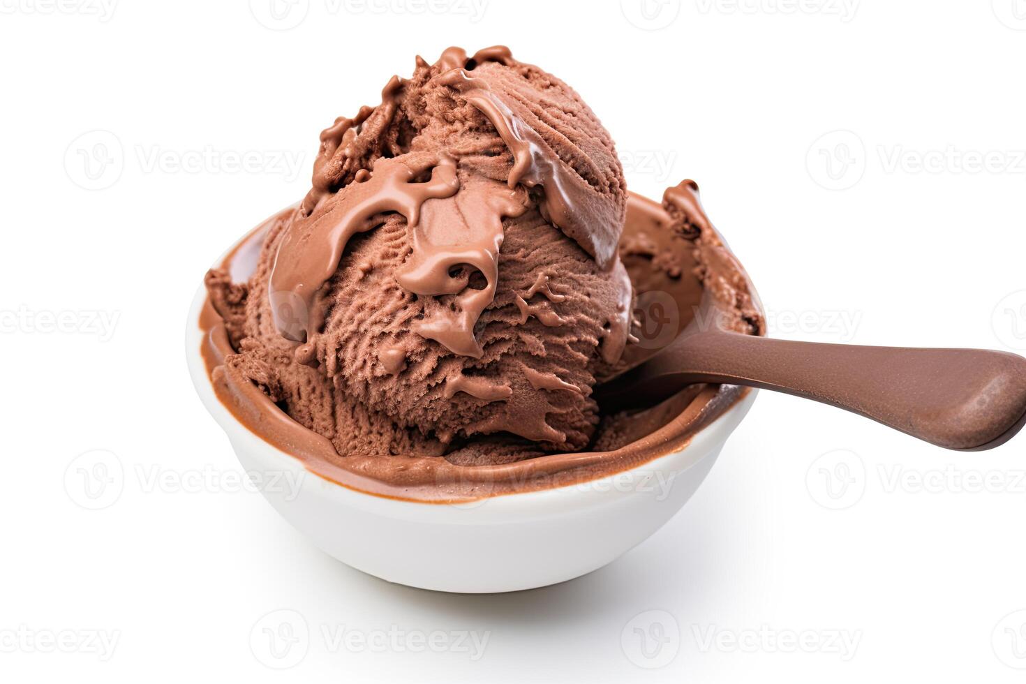 AI generated Chocolate ice cream close up isolated on white background photo