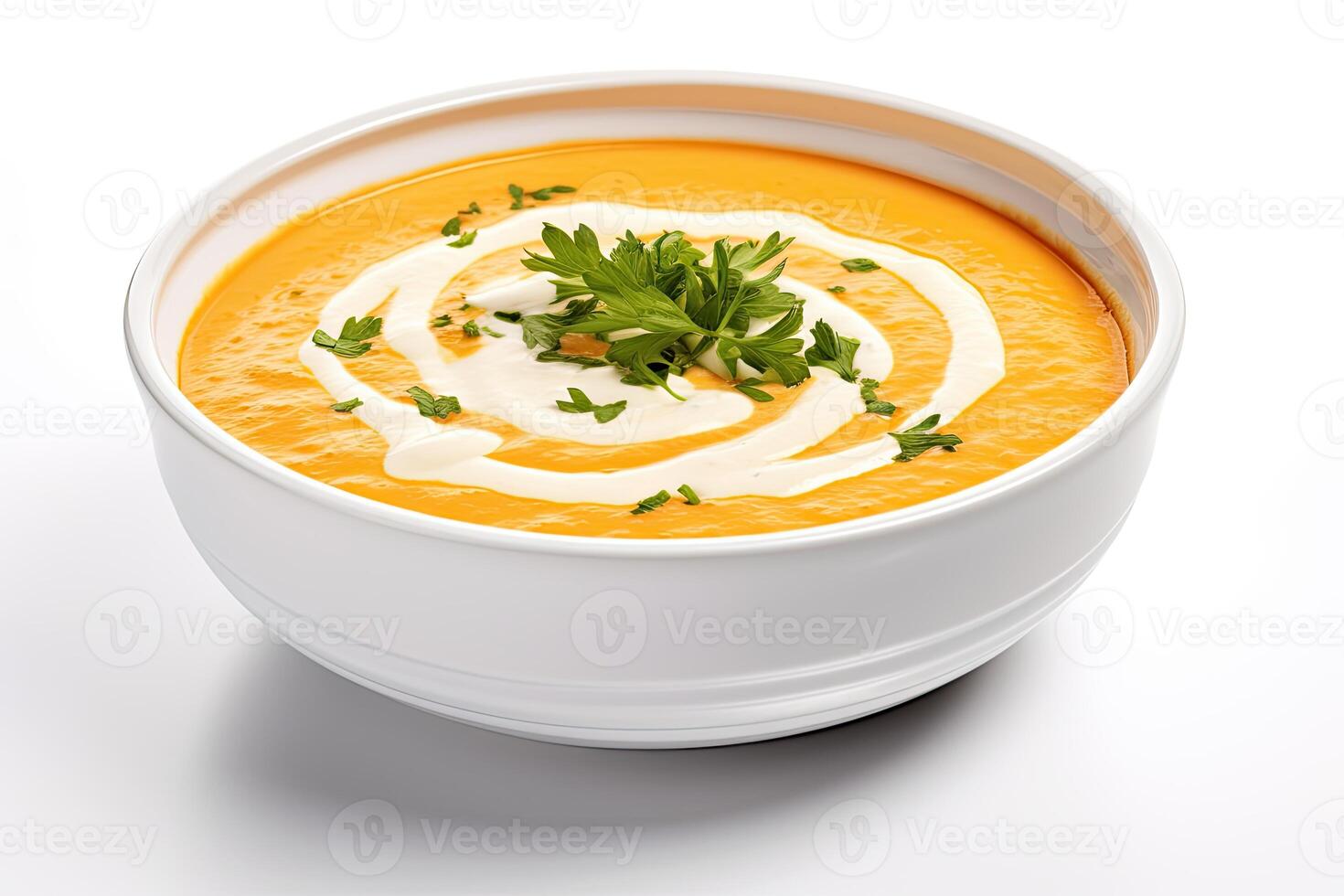 AI generated Carrot soup closeup isolated on white background photo