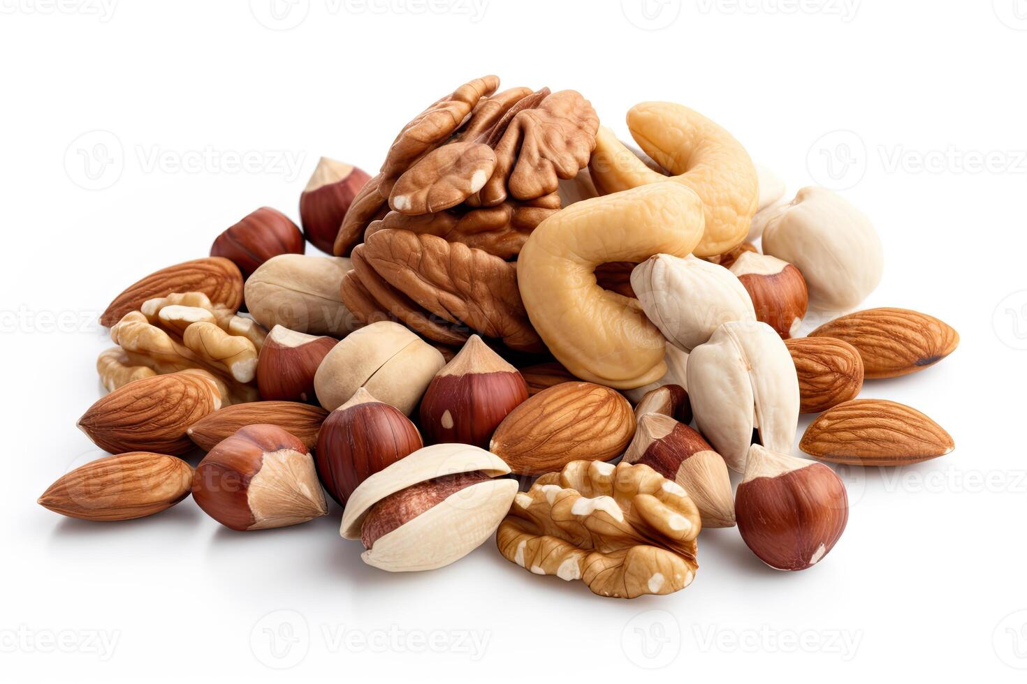 AI generated Nuts close up isolated on white background photo