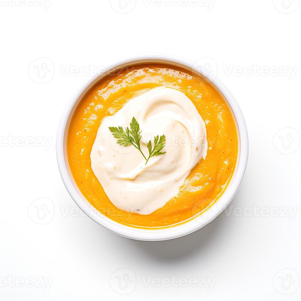 AI generated Carrot soup closeup isolated on white background photo