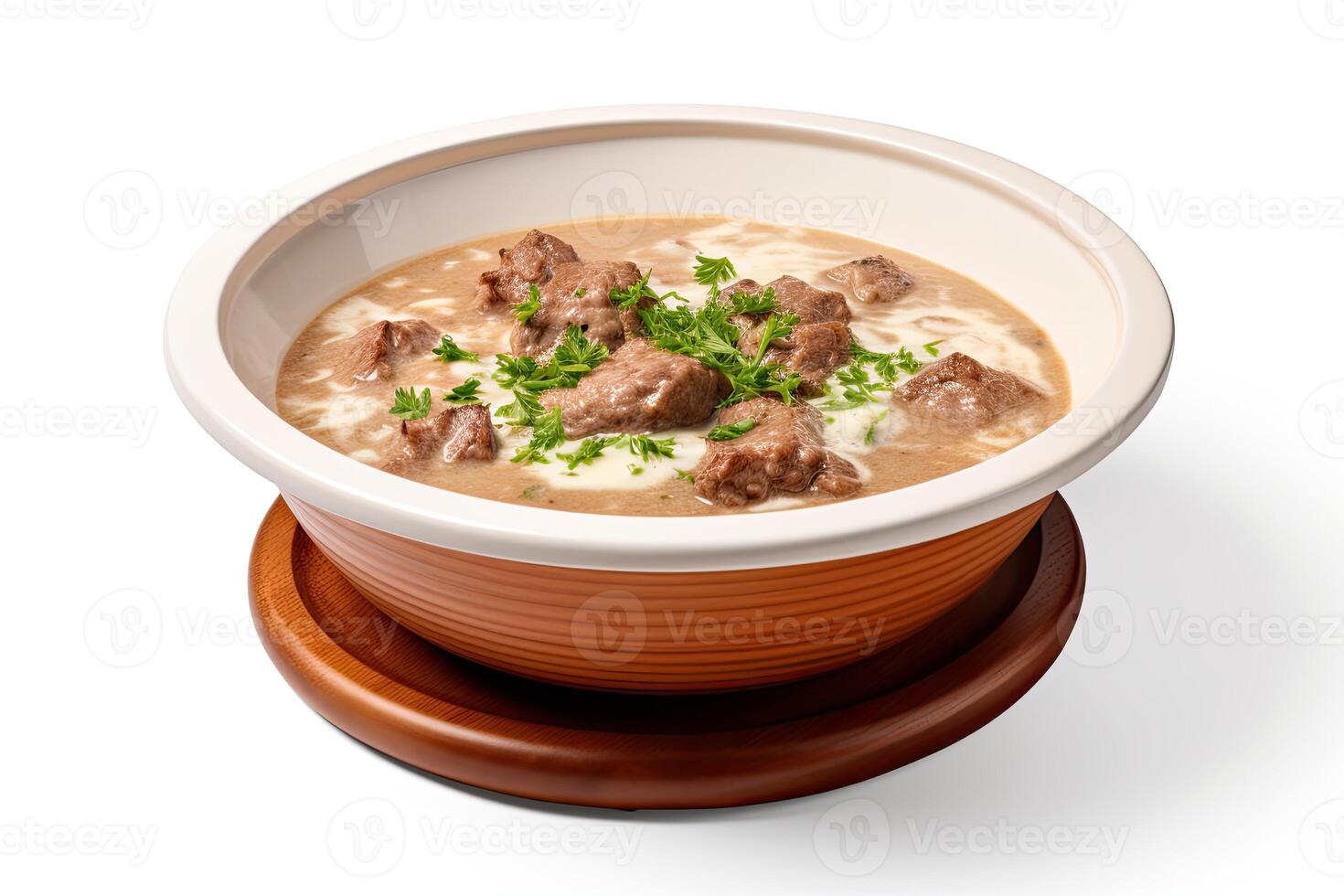 AI generated Beef soup closeup isolated on white background photo