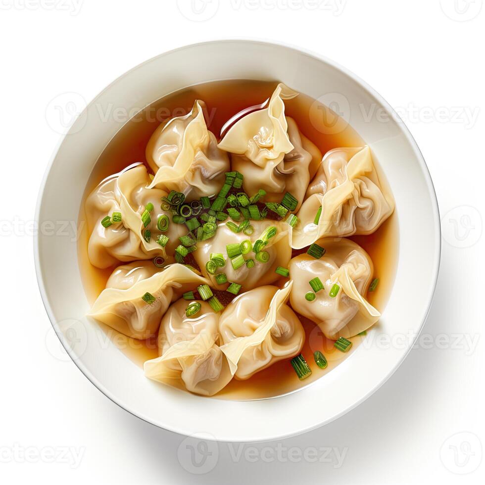 AI generated Wonton soup closeup isolated on white background photo