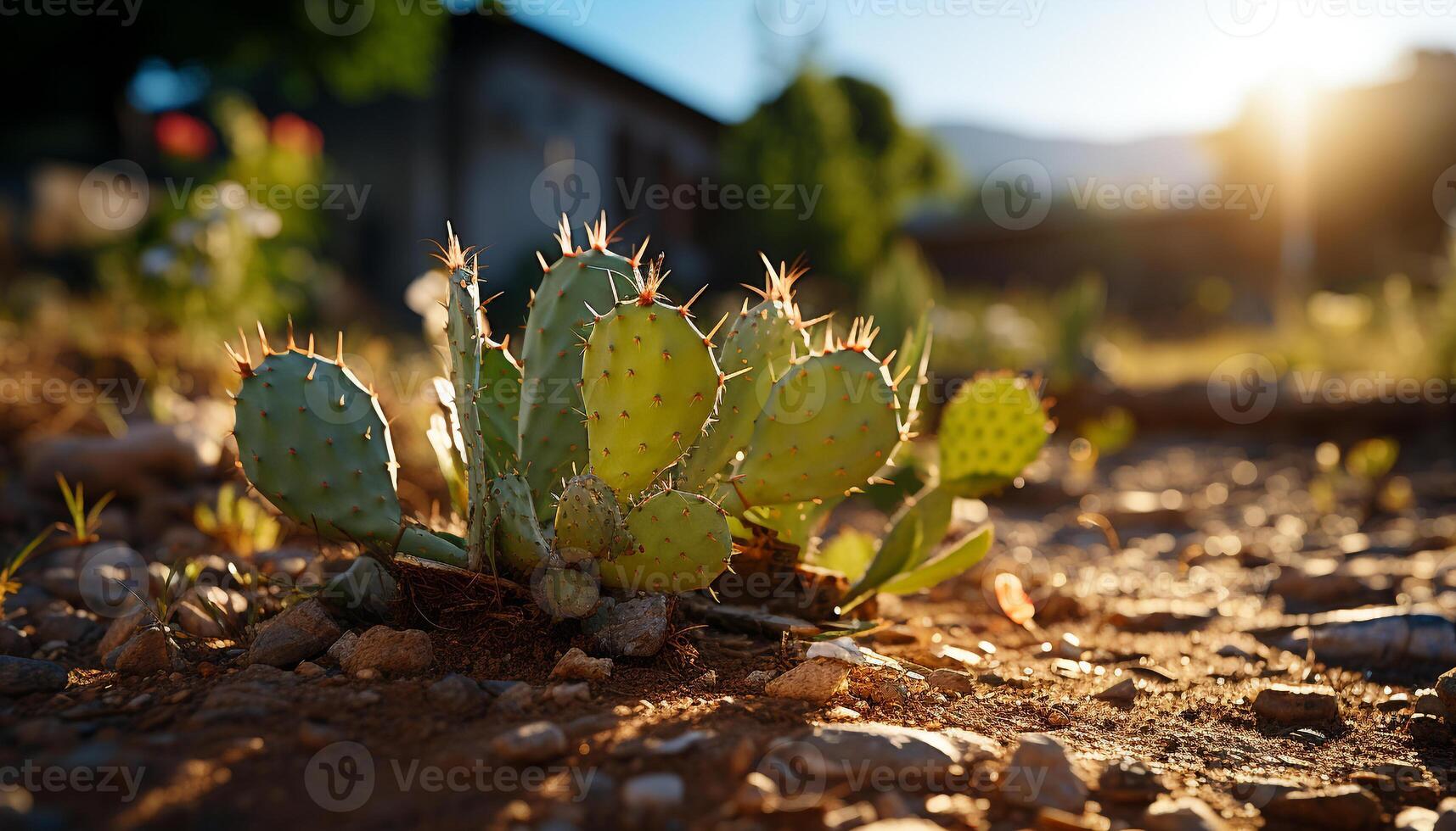 AI generated Green succulent plant thrives in arid climate, basking under sunlight generated by AI photo