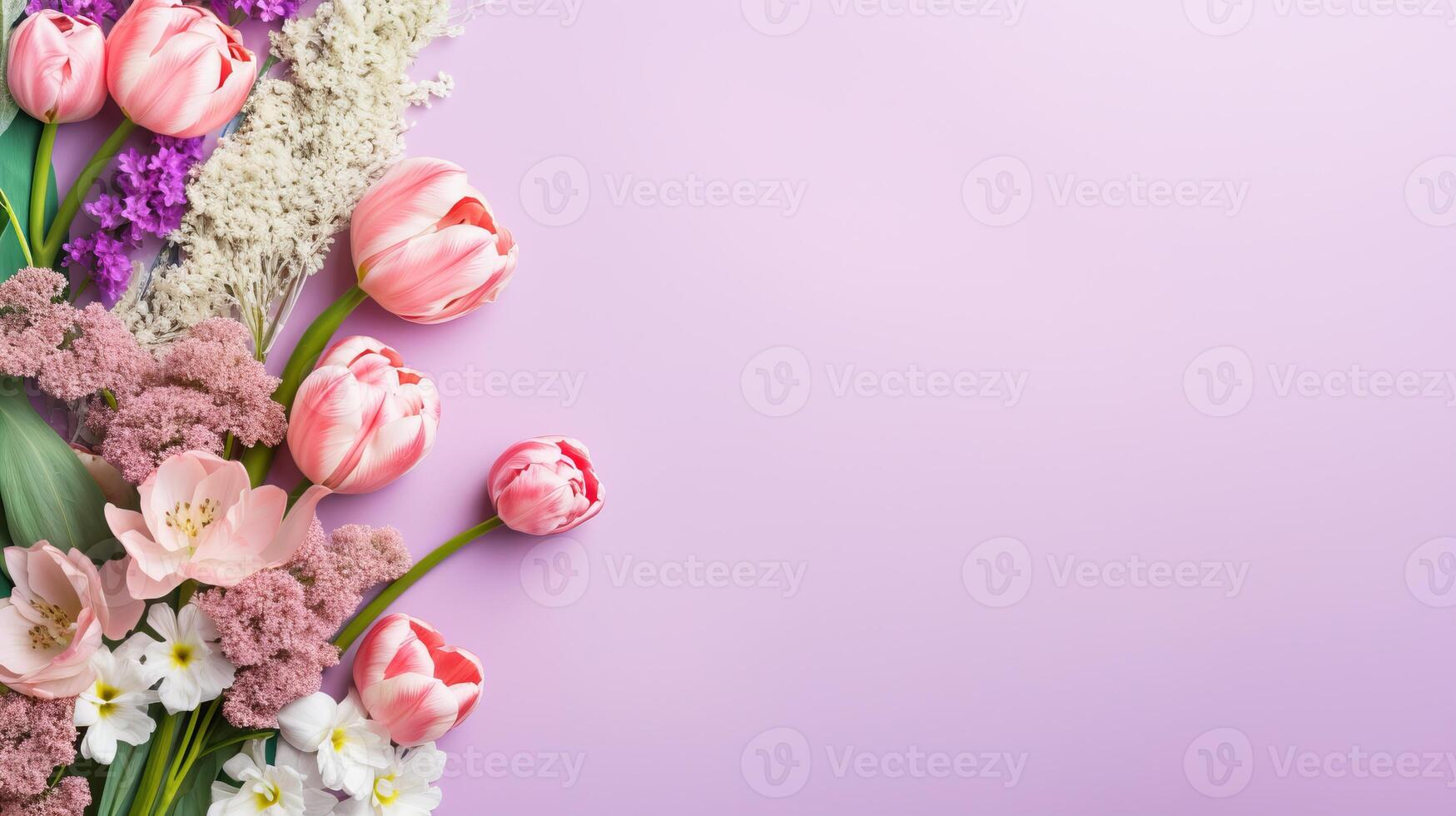 AI generated Pretty spring flowers on pastel background with copy space for your design. Springtime holidays and spring background concept photo