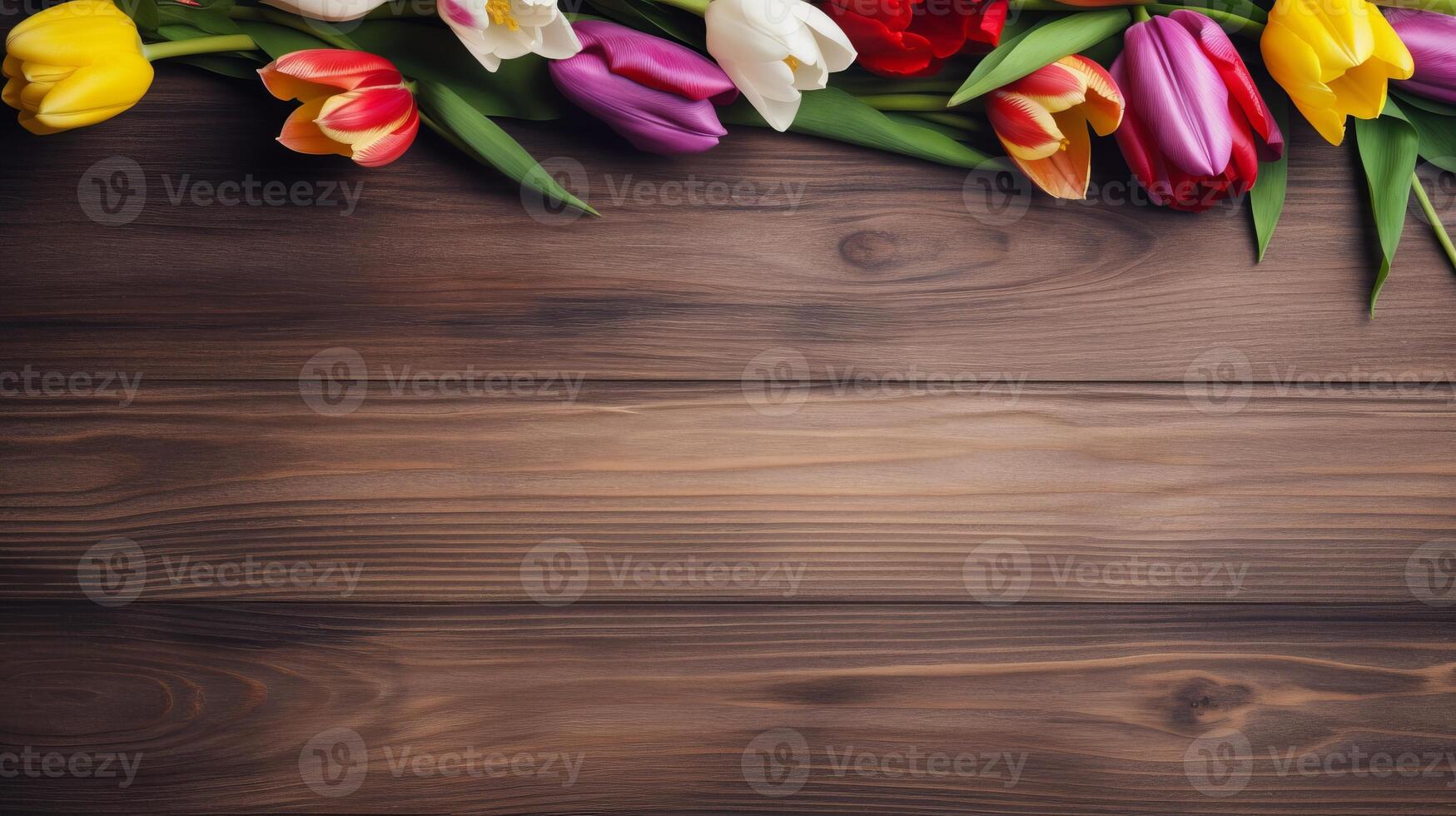 AI generated Pretty spring flowers tulips on wooden background with copy space for your design. Spring background concept photo