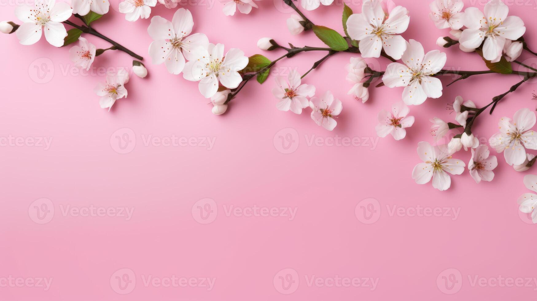 AI generated Pretty spring blossom flowers on pink background with copy space for your design. Spring background concept photo