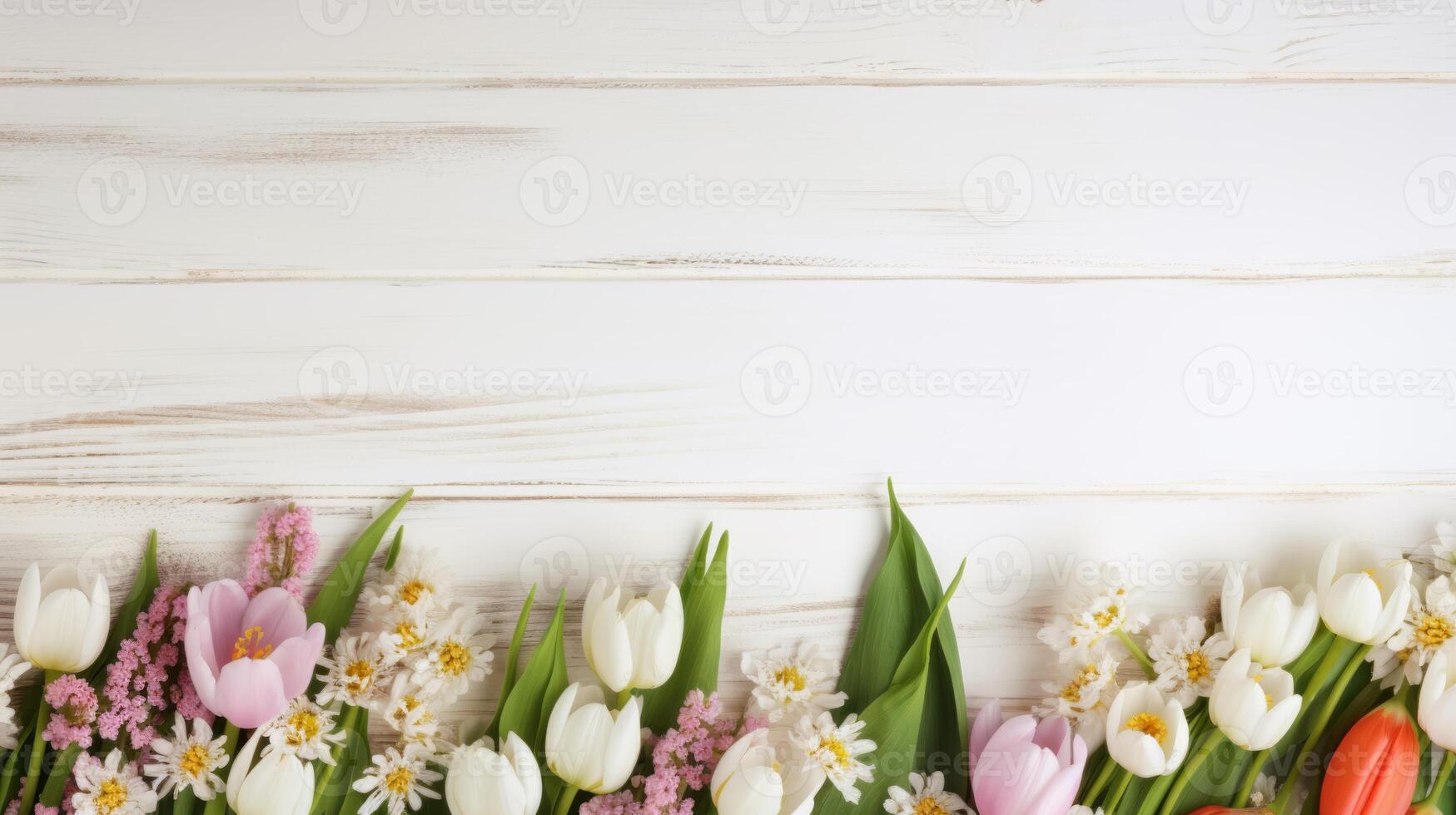 AI generated Pretty spring flowers on white wooden background with copy space for your design. Spring background concept photo