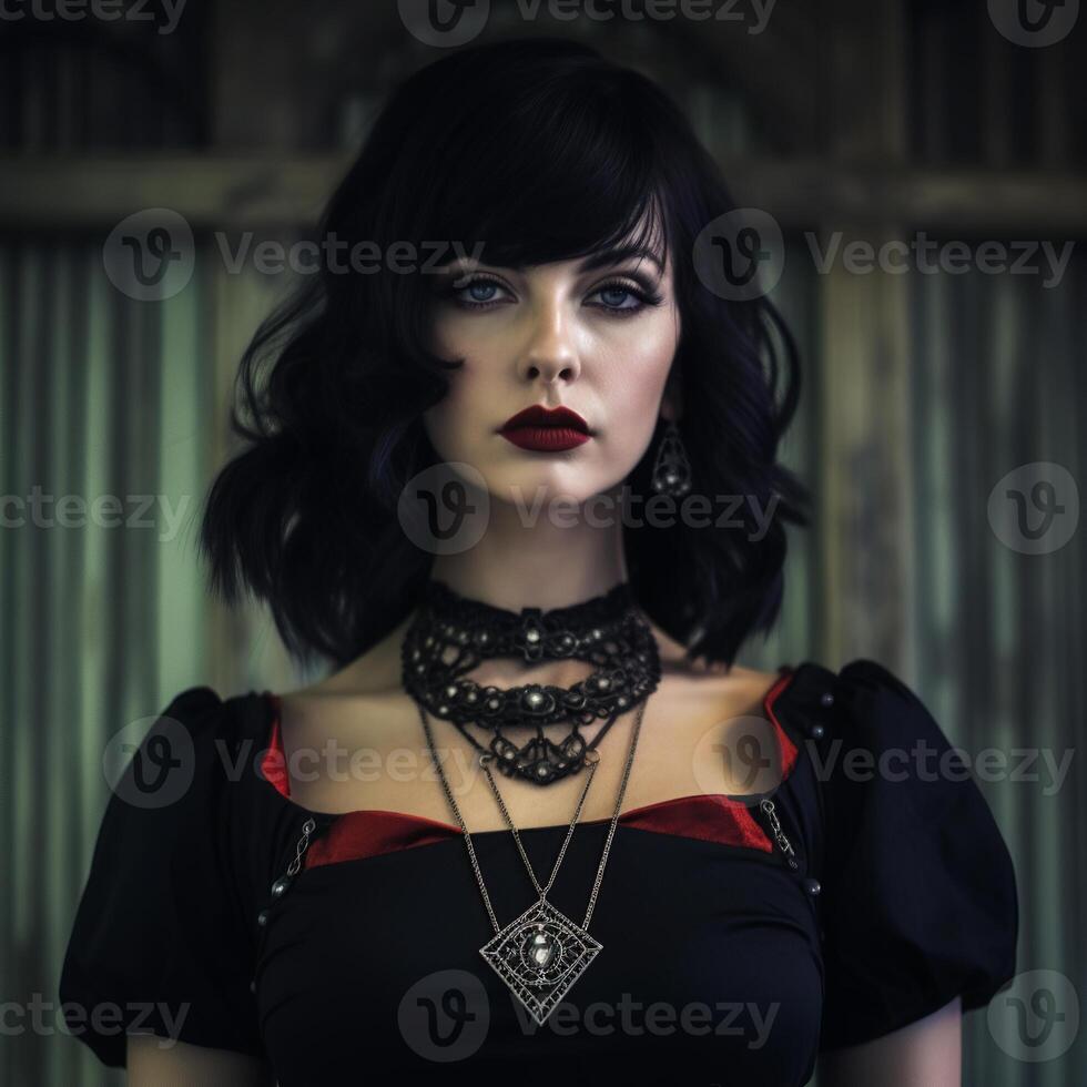 AI generated A woman in a black and red outfit, red lips and an intricate necklace, against a dark background photo