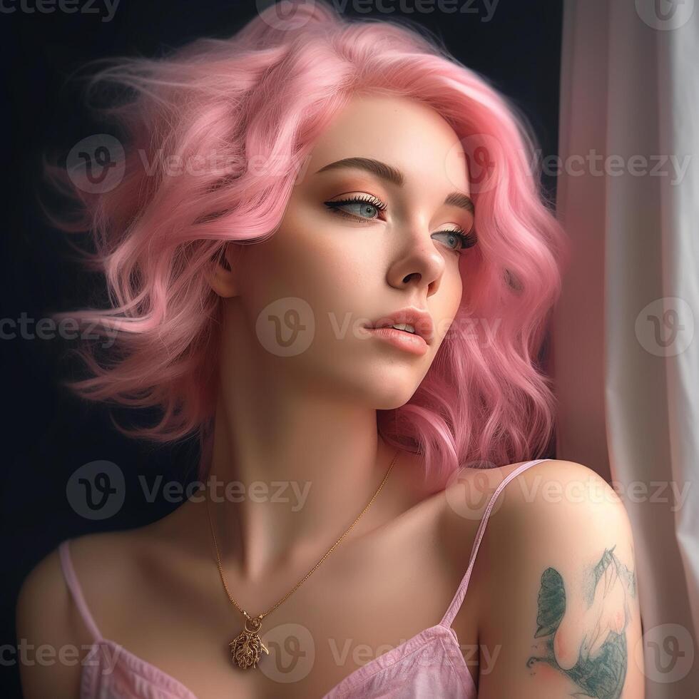 ai generado hermosa niña con vibrante rosado cabello, un distorsionado tatuaje en su brazo, vistiendo un collar y un pareo rosado parte superior foto